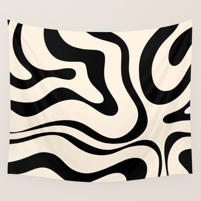 Modern Liquid Swirl Abstract Pattern Square in Almond Cream and Black Wall Tapestry Gallery Image 4