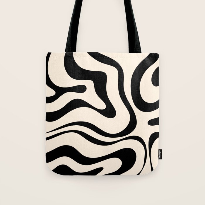 Modern Liquid Swirl Abstract Pattern Square in Almond Cream and Black Tote Bag Gallery Image 1