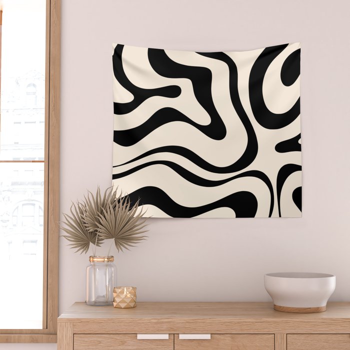 Modern Liquid Swirl Abstract Pattern Square in Almond Cream and Black Wall Tapestry Gallery Image 2