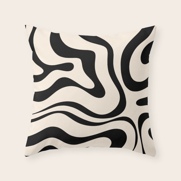 Modern Liquid Swirl Abstract Pattern Square in Almond Cream and Black Throw Pillow Gallery Image 6