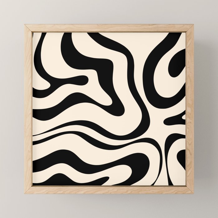 Modern Liquid Swirl Abstract Pattern Square in Almond Cream and Black Mini Art Print Gallery Image 1