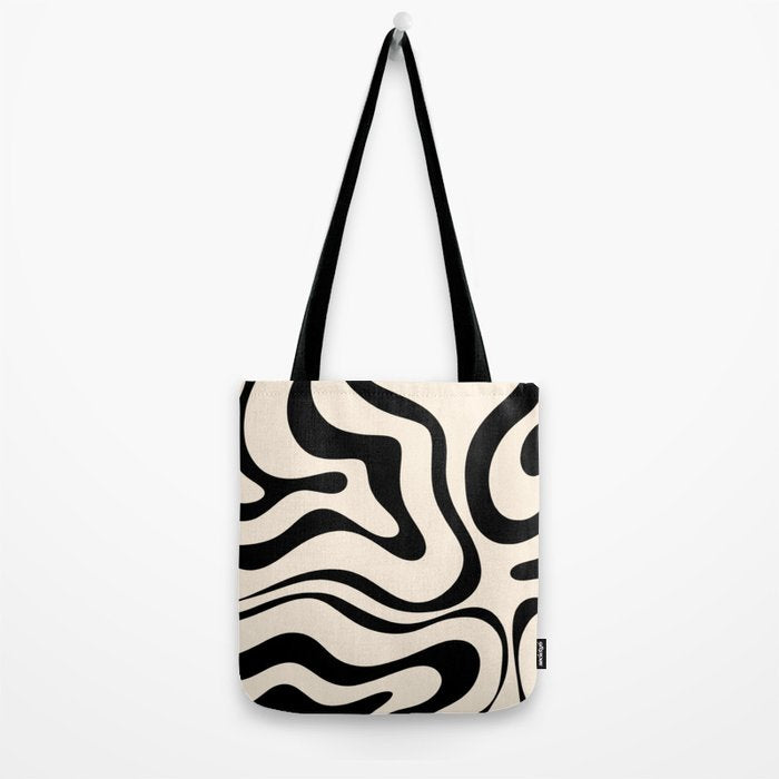 Modern Liquid Swirl Abstract Pattern Square in Almond Cream and Black Tote Bag Gallery Image 2