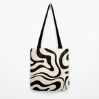Modern Liquid Swirl Abstract Pattern Square in Almond Cream and Black Tote Bag Gallery Image 2