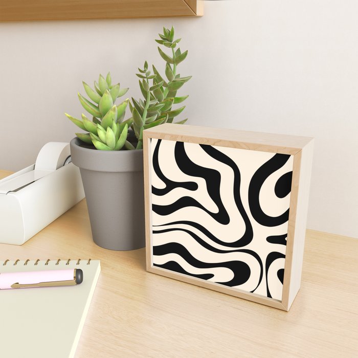 Modern Liquid Swirl Abstract Pattern Square in Almond Cream and Black Mini Art Print Gallery Image 2