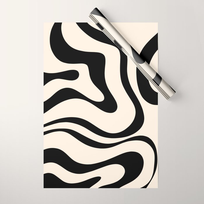 Modern Liquid Swirl Abstract Pattern Square in Almond Cream and Black Wrapping Paper Gallery Image 1