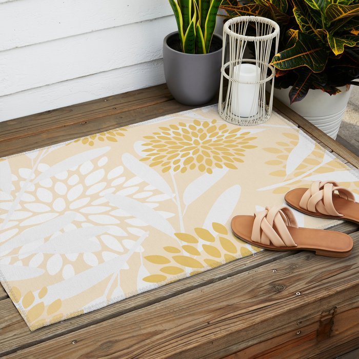 Floral Prints, Leaves and Blooms, Yellow and White Outdoor Rug Gallery Image 2
