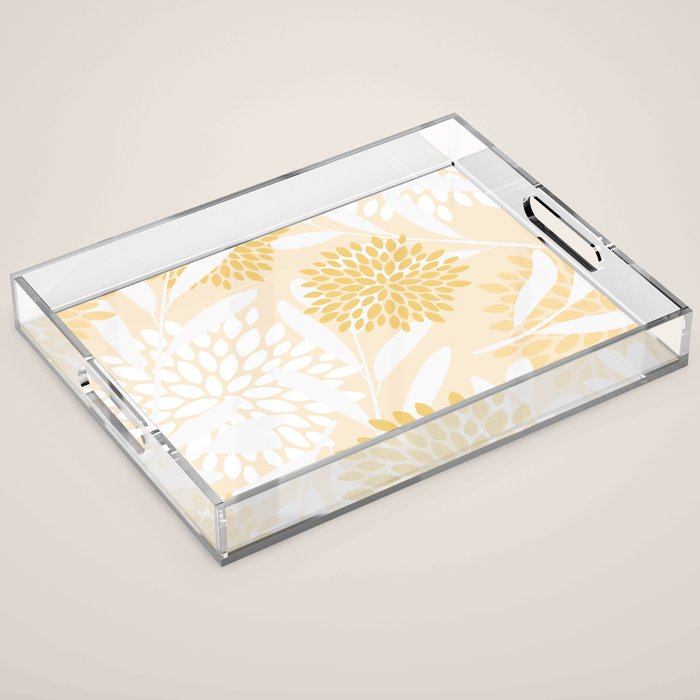 Floral Prints, Leaves and Blooms, Yellow and White Acrylic Tray Gallery Image 1