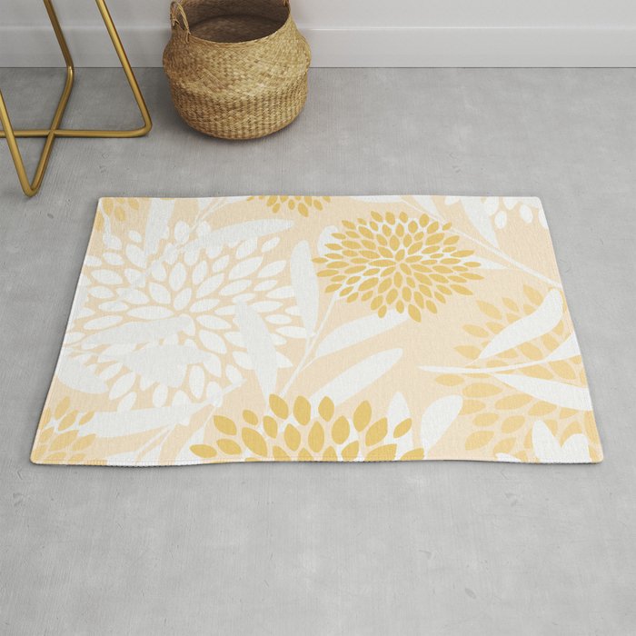 Floral Prints, Leaves And Blooms, Yellow And White Rug