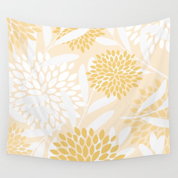 Floral Prints, Leaves and Blooms, Yellow and White Wall Tapestry Gallery Image 1