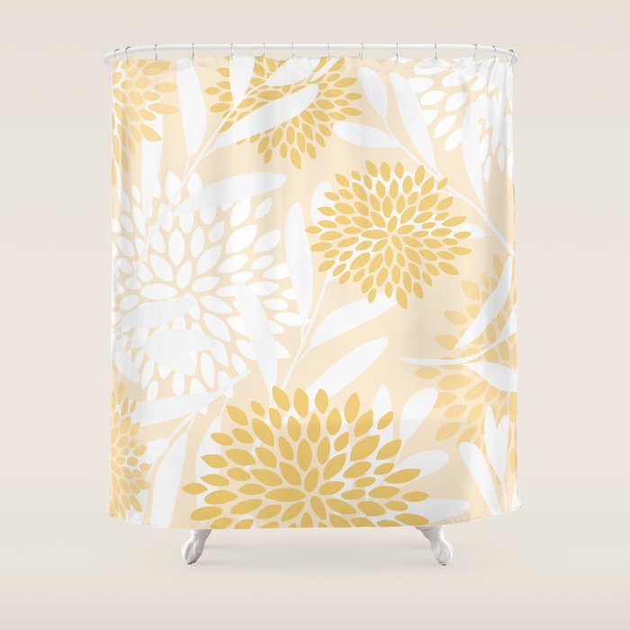 Floral Prints, Leaves and Blooms, Yellow and White Shower Curtain Gallery Image 1