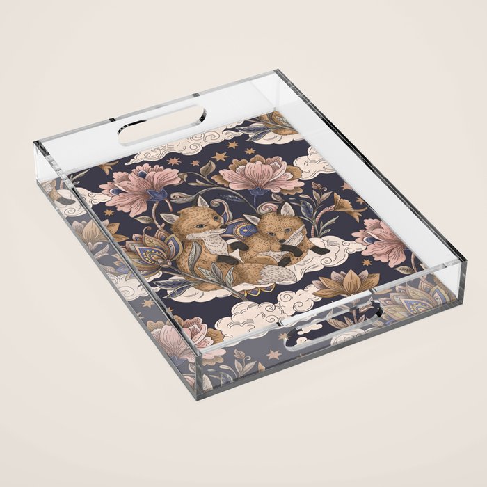 Fox Cubs in Moonlit Garden Acrylic Tray Gallery Image 1