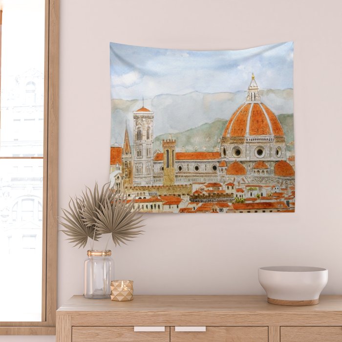 Italy Florence Cathedral Duomo watercolor painting Wall Tapestry Gallery Image 2