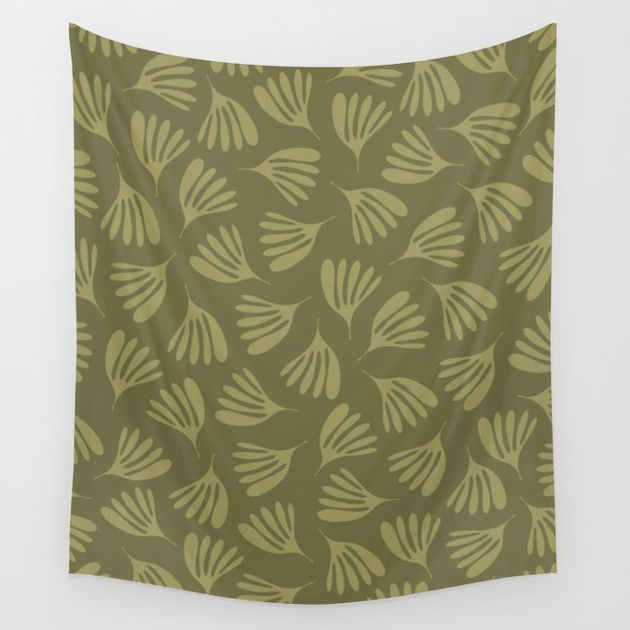 Olive Green Wispy Leaves Contemporary Abstract Pattern Wall Tapestry Gallery Image 1