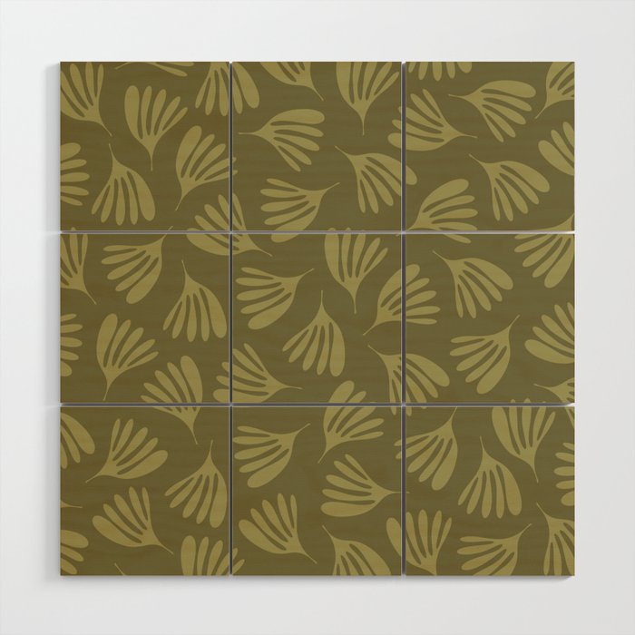 Olive Green Wispy Leaves Contemporary Abstract Pattern Wood Wall Art Gallery Image 1