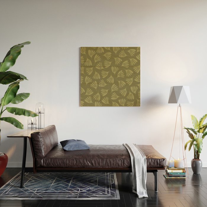 Olive Green Wispy Leaves Contemporary Abstract Pattern Wood Wall Art Gallery Image 2