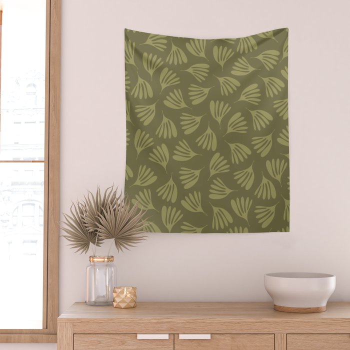Olive Green Wispy Leaves Contemporary Abstract Pattern Wall Tapestry Gallery Image 2