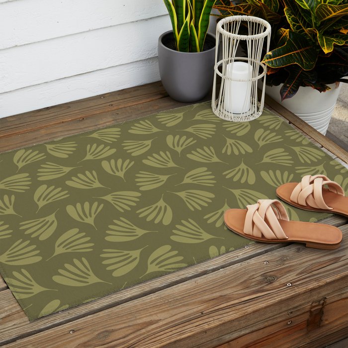Olive Green Wispy Leaves Contemporary Abstract Pattern Outdoor Rug Gallery Image 2