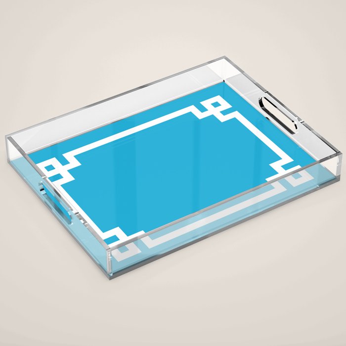 Bright Sky Blue and White Greek Key Border Acrylic Tray Gallery Image 1