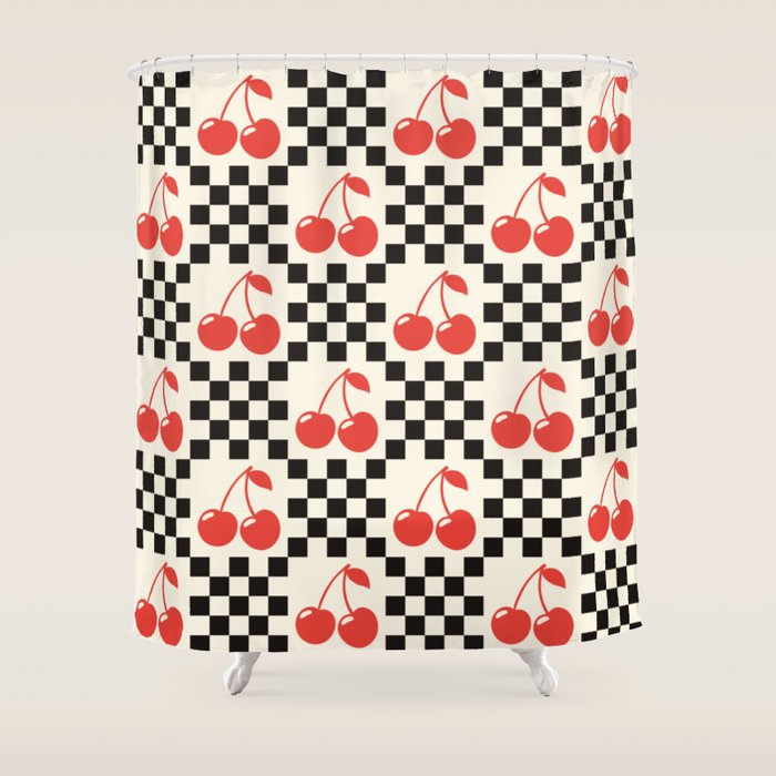 Red Cherries, Black & White Double Checker Shower Curtain Gallery Image 1