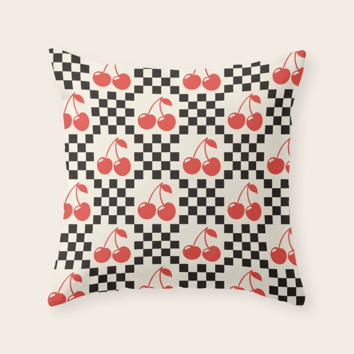 Red Cherries, Black & White Double Checker Throw Pillow Gallery Image 6