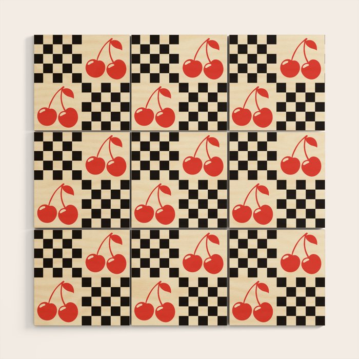 Red Cherries, Black & White Double Checker Wood Wall Art Gallery Image 1