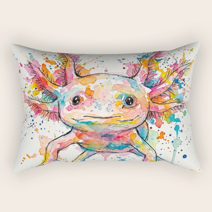 Abstract Axolotl Ink Art - Colour Splatter Watercolour Illustration Rectangular Pillow Gallery Image 2