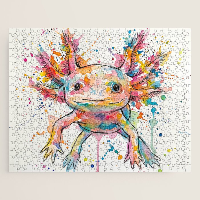 Abstract Axolotl Ink Art - Colour Splatter Watercolour Illustration Jigsaw Puzzle Gallery Image 1