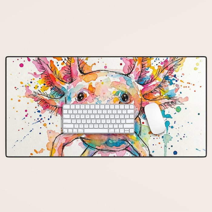 Abstract Axolotl Ink Art - Colour Splatter Watercolour Illustration Desk Mat Gallery Image 1