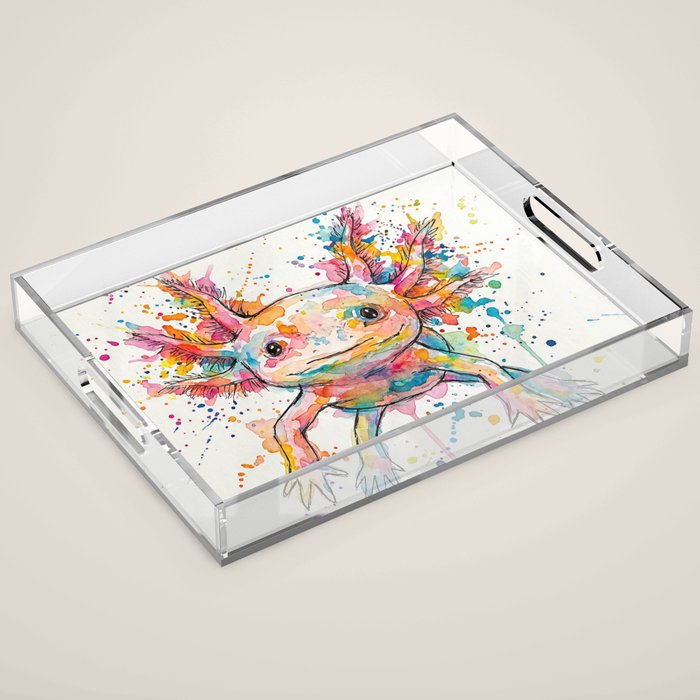 Abstract Axolotl Ink Art - Colour Splatter Watercolour Illustration Acrylic Tray Gallery Image 1