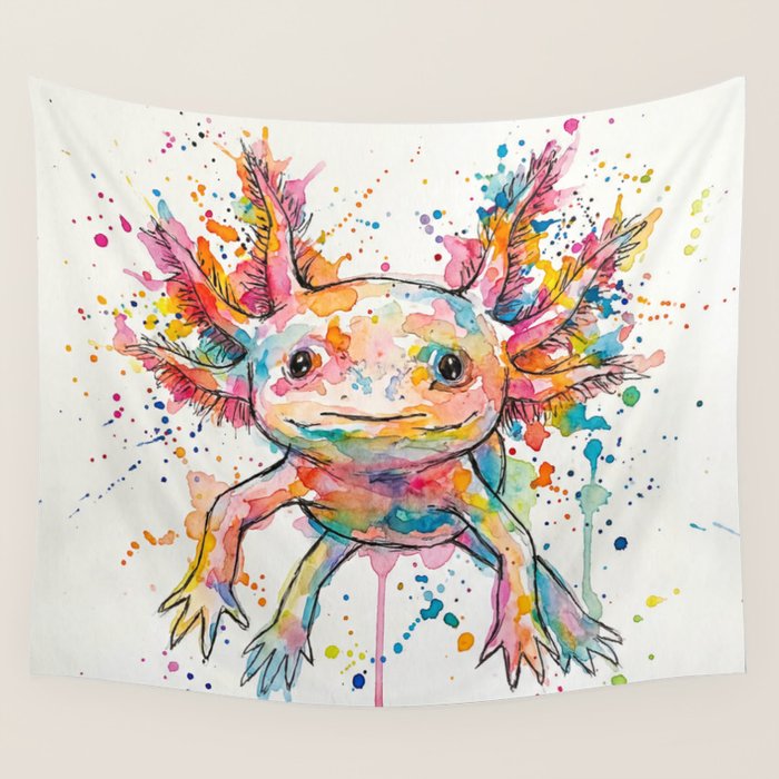 Abstract Axolotl Ink Art - Colour Splatter Watercolour Illustration Wall Tapestry Gallery Image 1