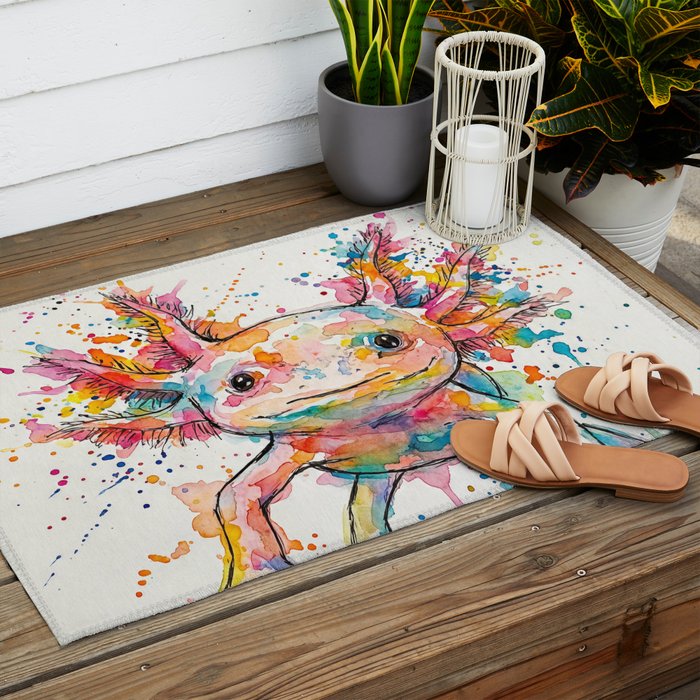 Abstract Axolotl Ink Art - Colour Splatter Watercolour Illustration Outdoor Rug Gallery Image 2
