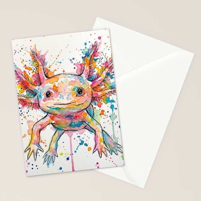 Abstract Axolotl Ink Art - Colour Splatter Watercolour Illustration Stationery Card Gallery Image 2