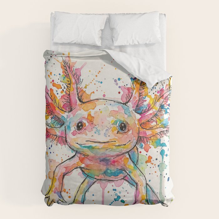 Abstract Axolotl Ink Art - Colour Splatter Watercolour Illustration Duvet Cover Gallery Image 6