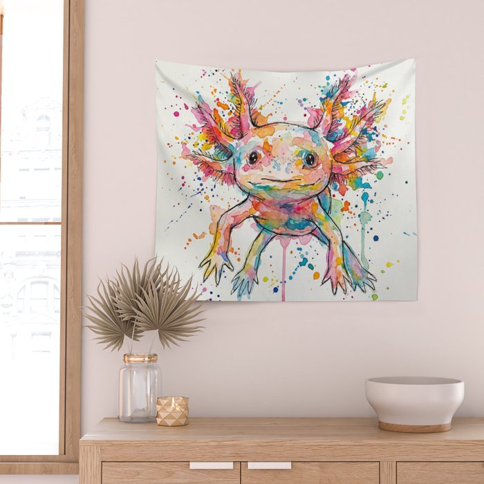 Abstract Axolotl Ink Art - Colour Splatter Watercolour Illustration Wall Tapestry Gallery Image 2