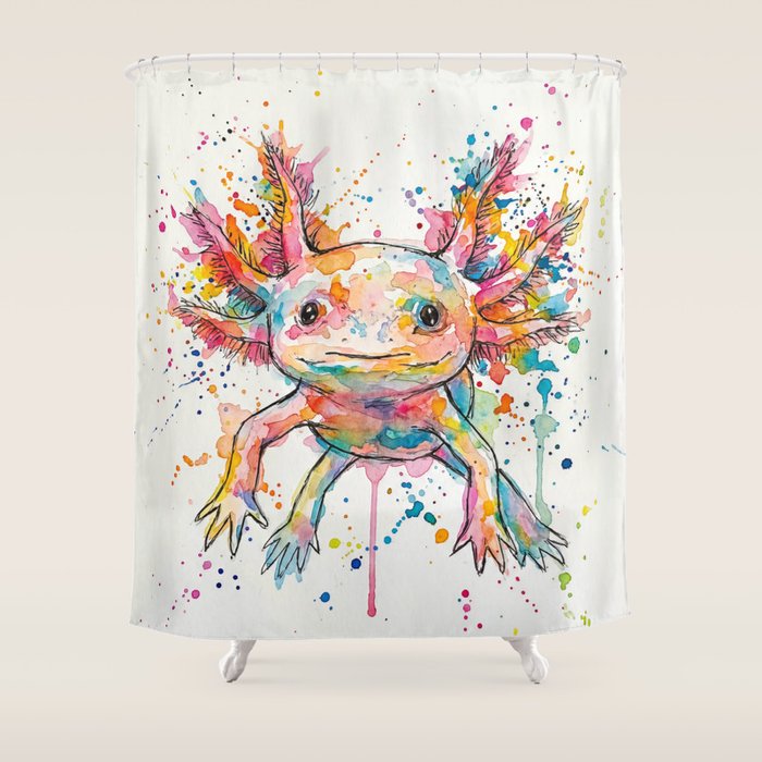 Abstract Axolotl Ink Art - Colour Splatter Watercolour Illustration Shower Curtain Gallery Image 1