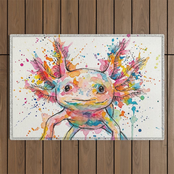 Abstract Axolotl Ink Art - Colour Splatter Watercolour Illustration Outdoor Rug Gallery Image 1