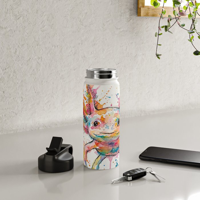 Abstract Axolotl Ink Art - Colour Splatter Watercolour Illustration Water Bottle Gallery Image 4