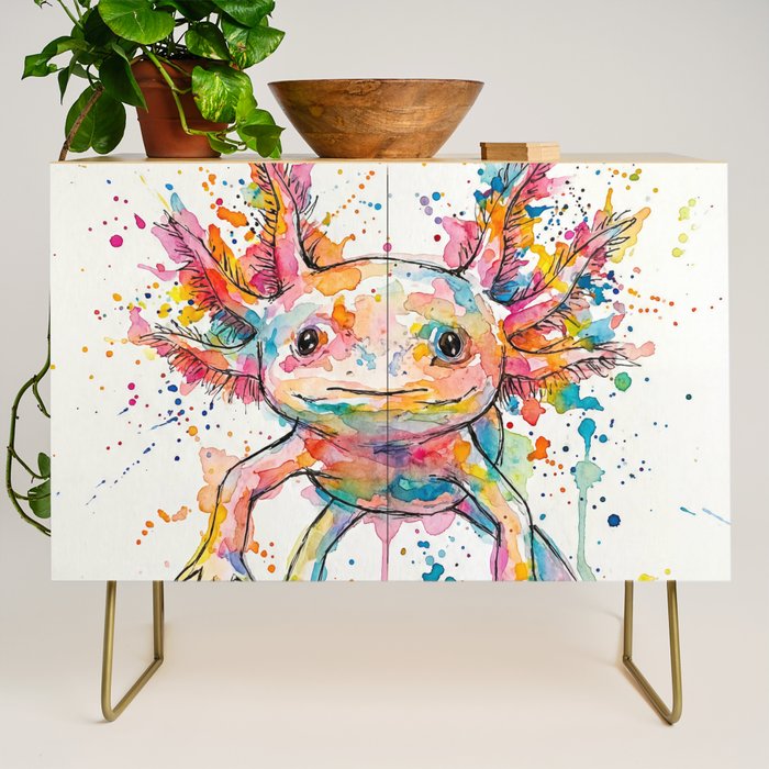 Abstract Axolotl Ink Art - Colour Splatter Watercolour Illustration Credenza Gallery Image 1