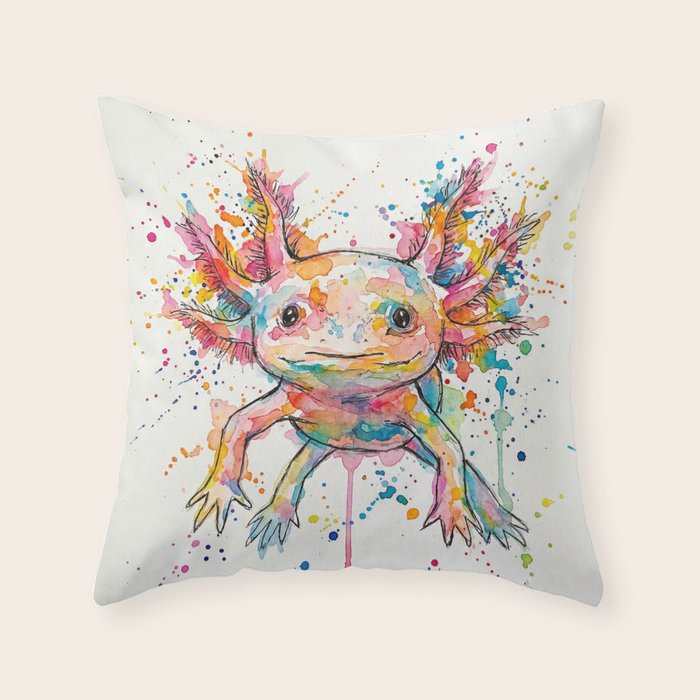Abstract Axolotl Ink Art - Colour Splatter Watercolour Illustration Throw Pillow Gallery Image 6