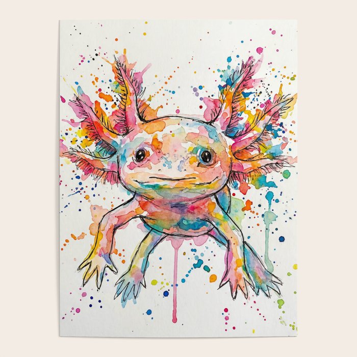Abstract Axolotl Ink Art - Colour Splatter Watercolour Illustration Poster Gallery Image 4