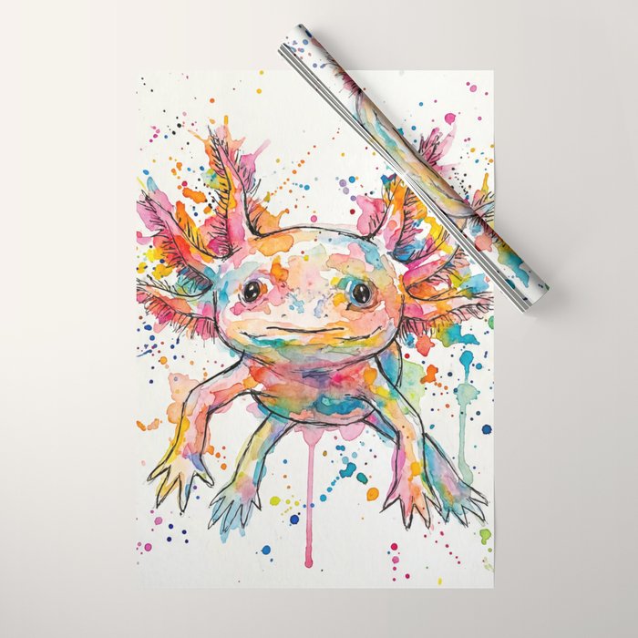 Abstract Axolotl Ink Art - Colour Splatter Watercolour Illustration Wrapping Paper Gallery Image 1