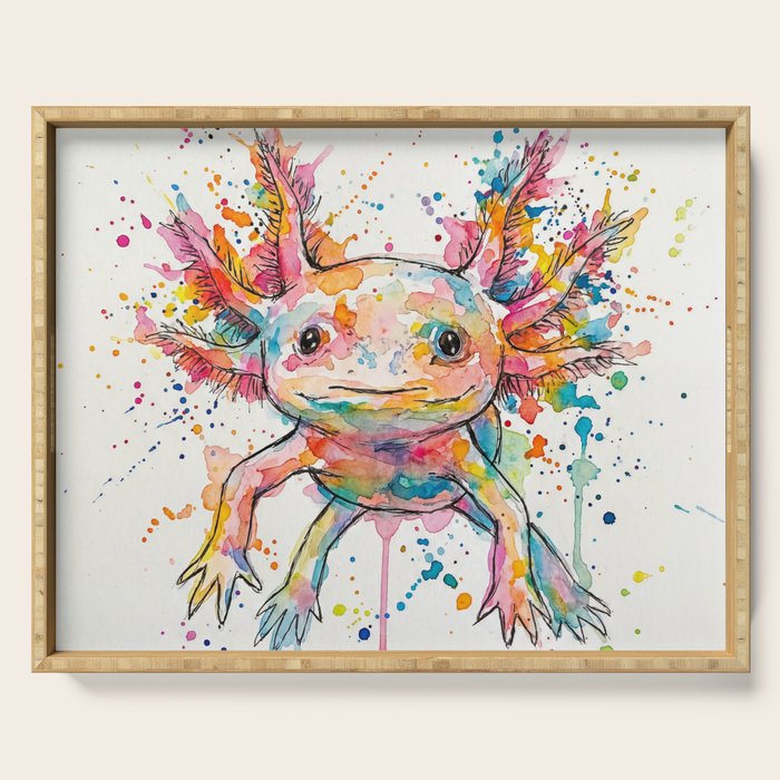 Abstract Axolotl Ink Art - Colour Splatter Watercolour Illustration Serving Tray Gallery Image 1