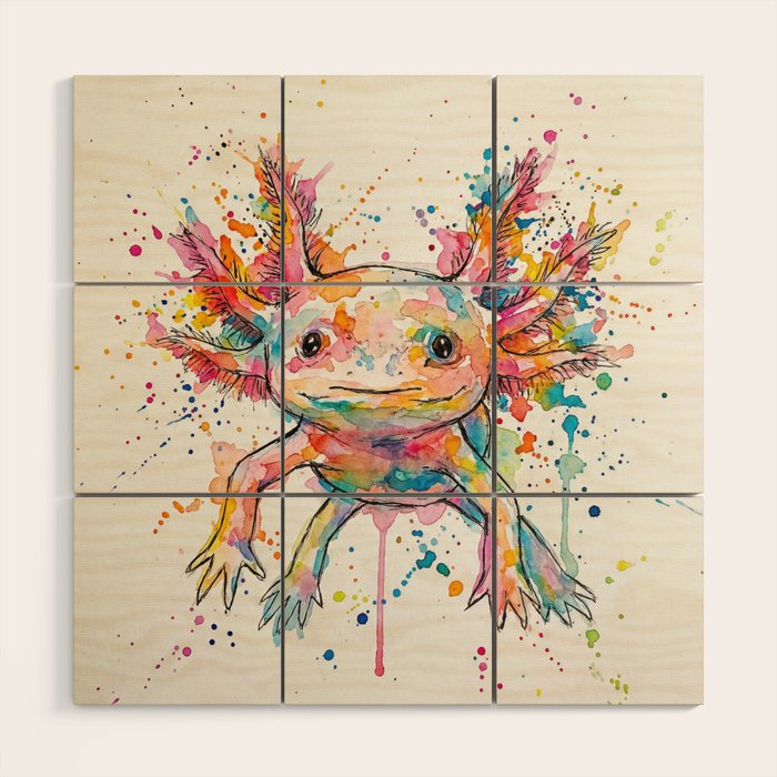 Abstract Axolotl Ink Art - Colour Splatter Watercolour Illustration Wood Wall Art Gallery Image 1