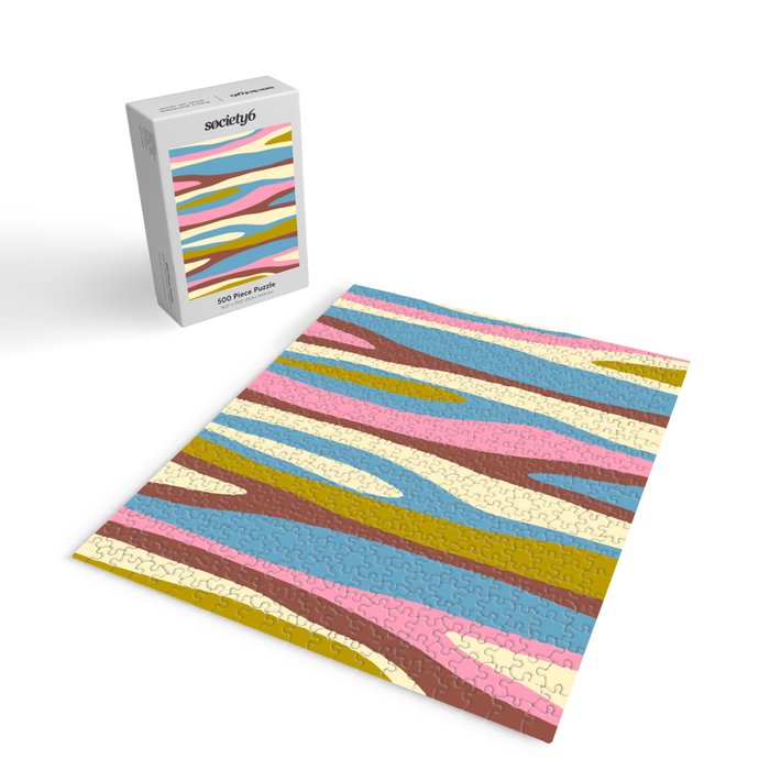 Abstract Eclectic Wild Stripes Pattern in Blue Pink Avocado Brown Jigsaw Puzzle Gallery Image 2