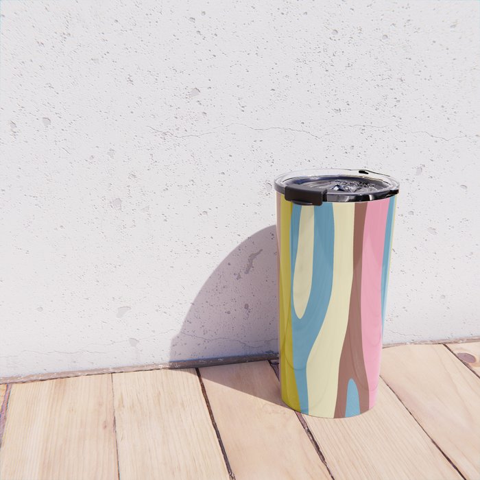 Abstract Eclectic Wild Stripes Pattern in Blue Pink Avocado Brown Travel Mug Gallery Image 4