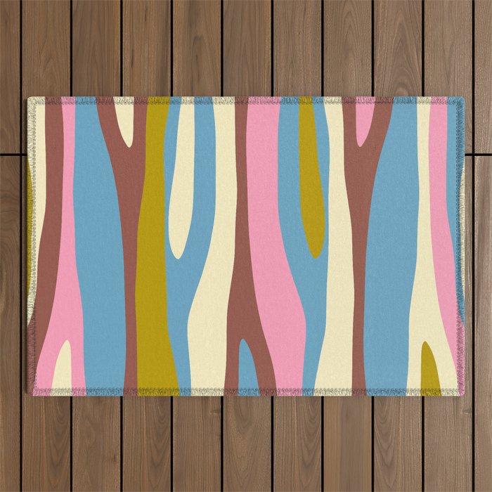Abstract Eclectic Wild Stripes Pattern in Blue Pink Avocado Brown Outdoor Rug Gallery Image 1