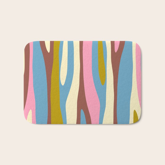 Abstract Eclectic Wild Stripes Pattern in Blue Pink Avocado Brown Bath Mat Gallery Image 1