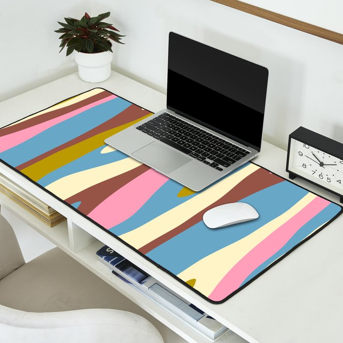 Abstract Eclectic Wild Stripes Pattern in Blue Pink Avocado Brown Desk Mat Gallery Image 2