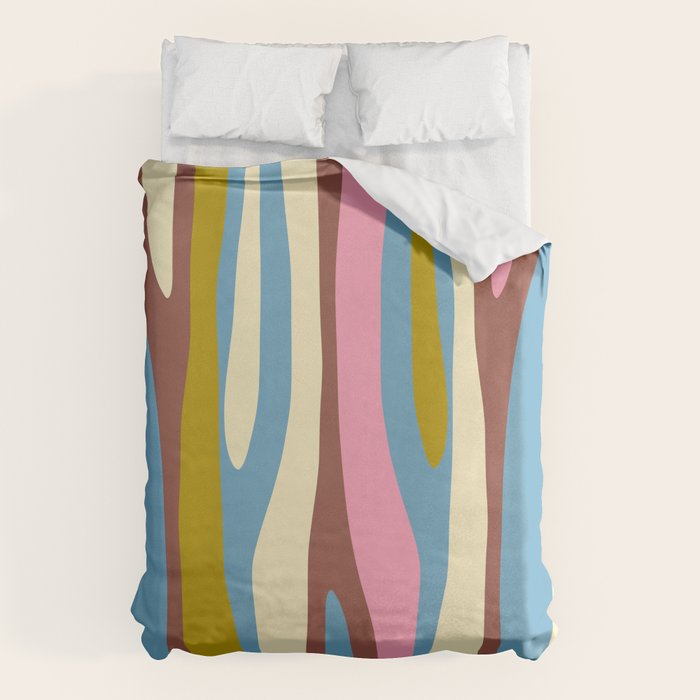 Abstract Eclectic Wild Stripes Pattern in Blue Pink Avocado Brown Duvet Cover Gallery Image 1