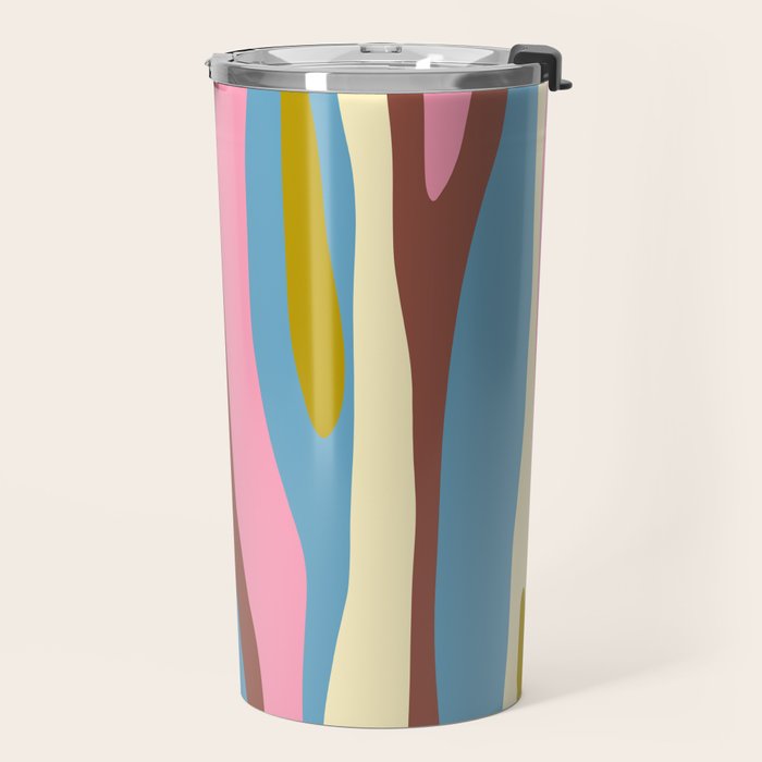 Abstract Eclectic Wild Stripes Pattern in Blue Pink Avocado Brown Travel Mug Gallery Image 2